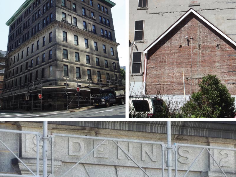 Top left: The Dennis Building was once home to the Halifax Herald newspaper. Top right: Part of the Dennis Building’s original structure can be seen on the side of the building. Bottom: The Dennis name and the year 1912 is partly hidden behind some scaffolding that was on the building in September.