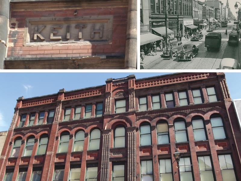 Top: The Keith Building, also known as the Green Lantern Building, was built in 1896 for furnishing company Gordon and Keith. Bottom right: The Keith Building and Green Lantern Restaurant can be seen on the left of this photo from 1945. (source: N.S Archives) Bottom left: Donald Keith’s name can be seen near the top of the building.
