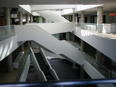 The central atrium is open and sleek, with stairways and bridges linking the floors. Photo: Janice Hudson 