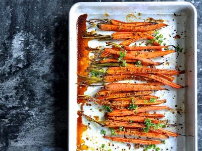 A window to the right of the frame is the only natural light source, and creates nice even shadows on the carrots and from the pan. Photo: Jessica Emin 